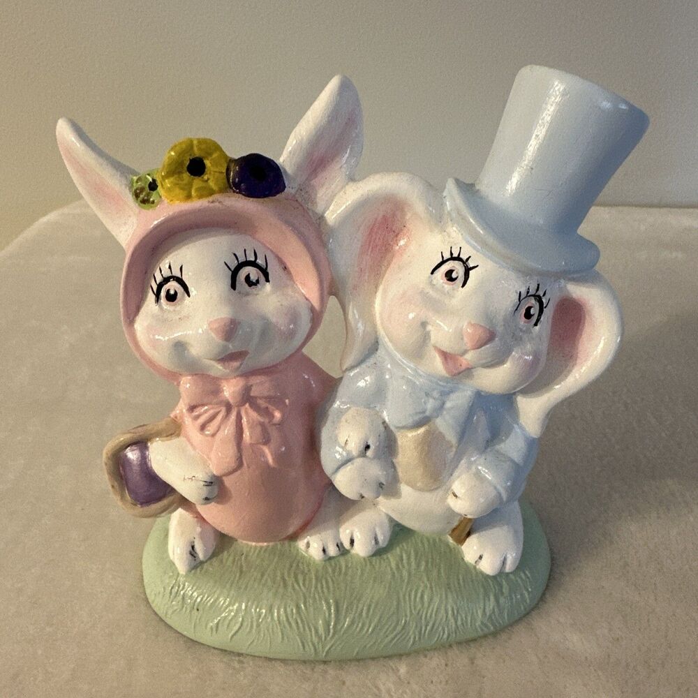 Vintage Ceramic Bunny Rabbit Couple Figurine Easter Top Hat Bonnet Love Mom 1985